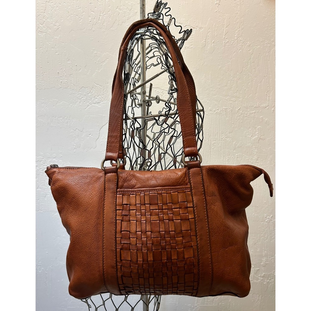 Vilenca Holland Cognac Brown Leather Woven Tote Shoulder Bag Women Handbag